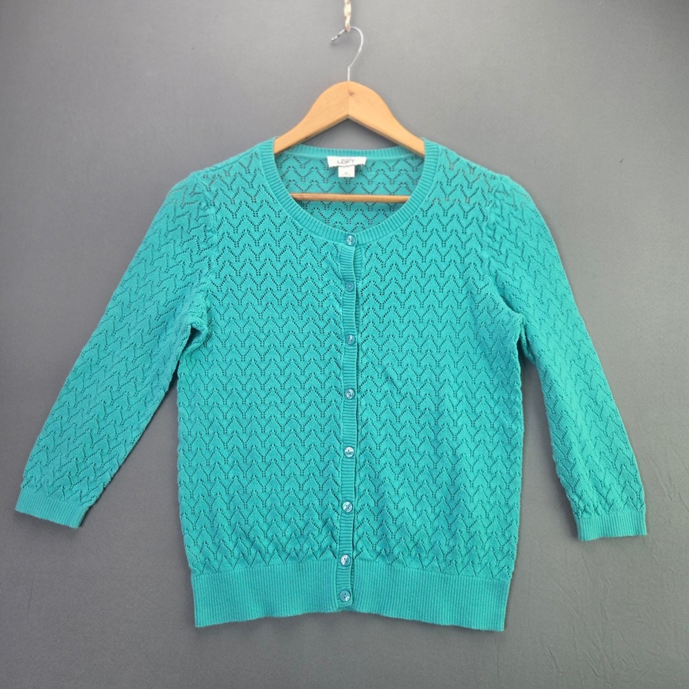 LOFT Cardigan Sweater M Teal Green Pointelle Knit 3/4 Sleeve Button Up Cotton